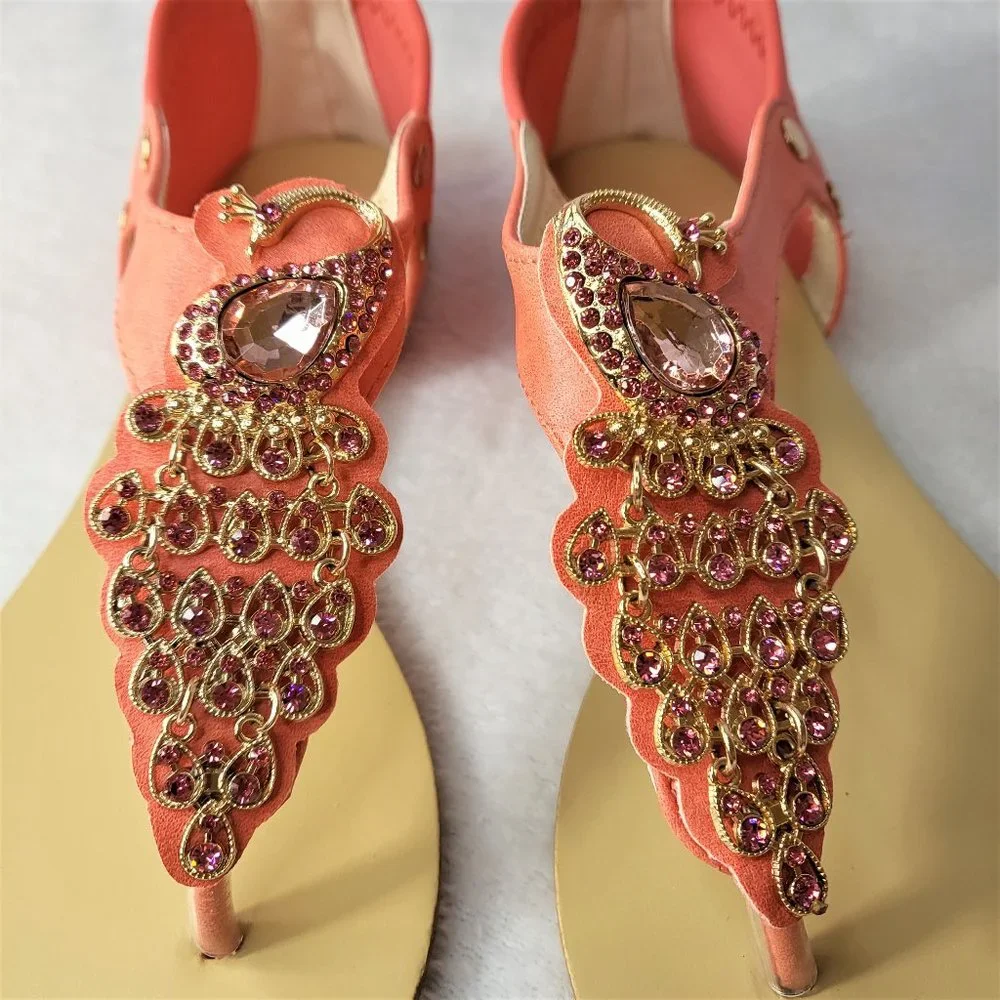 Coral Pink Summer Sandals Rhinestone Peacock Bird Thong Strap - Picture 3 of 9